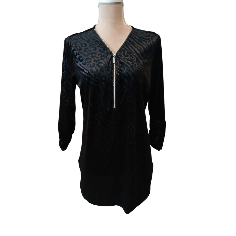 Black Velvet Burnout Animal Print Zip Neck Tunic Top Women's Long Sleeve Dark